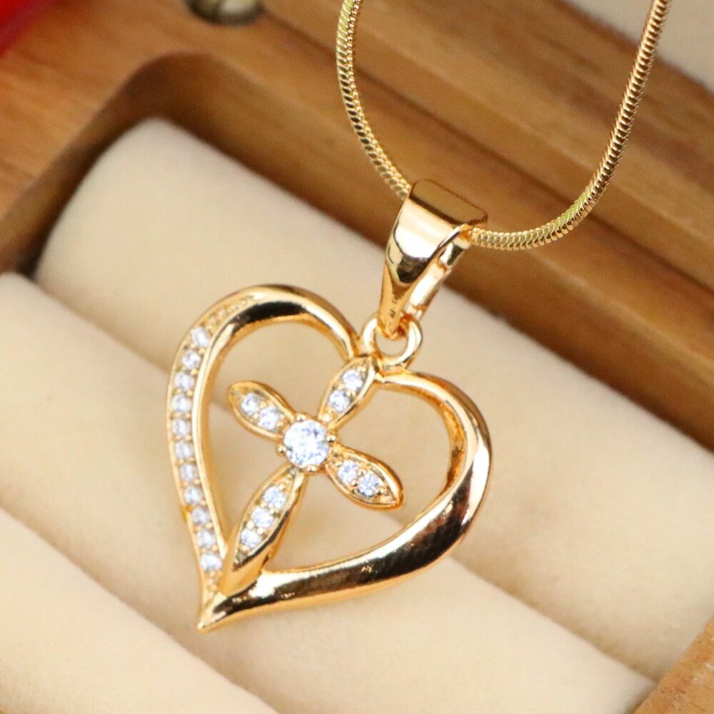 "Heart-Shaped Rose Gold Cross Pendant with Sparkling Accents, XPPT1326